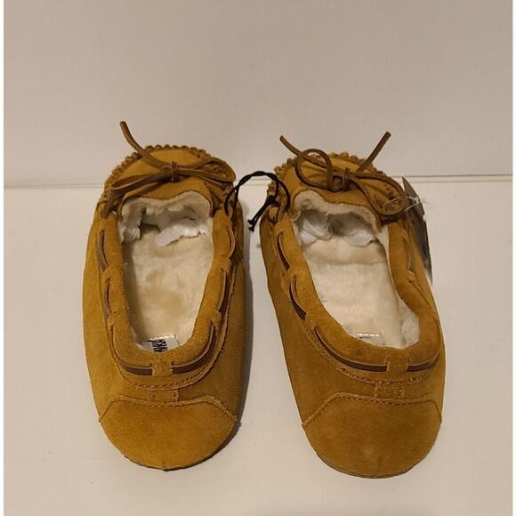 WOMEN'S MINNETONKA LEATHER SUEDE SLIPPERS MOCS FAUX SHEARLING LINING 11M NEW - Picture 4 of 10